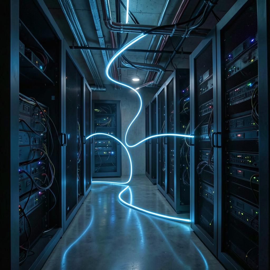 Data centre corridor with illuminated server racks